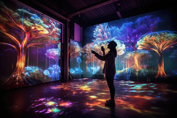 VR Welt im Museum unterstützt durch AI. Leuchtende Bäume