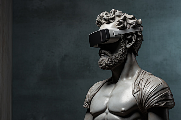 Historische Statue im Museum trägt eine VR Brille